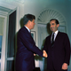 President Kennedy shaking Edward R. Murrow’s hand after he’s sworn in as USIA director in 1961 (JFK Presidential Library)